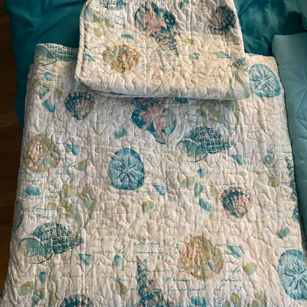 Beach theme reversible comforter and extra blue comforter